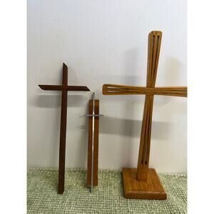 Vintage Wooden Cross Set Lot 3 Wall Hanging Tabletop Stand Rustic